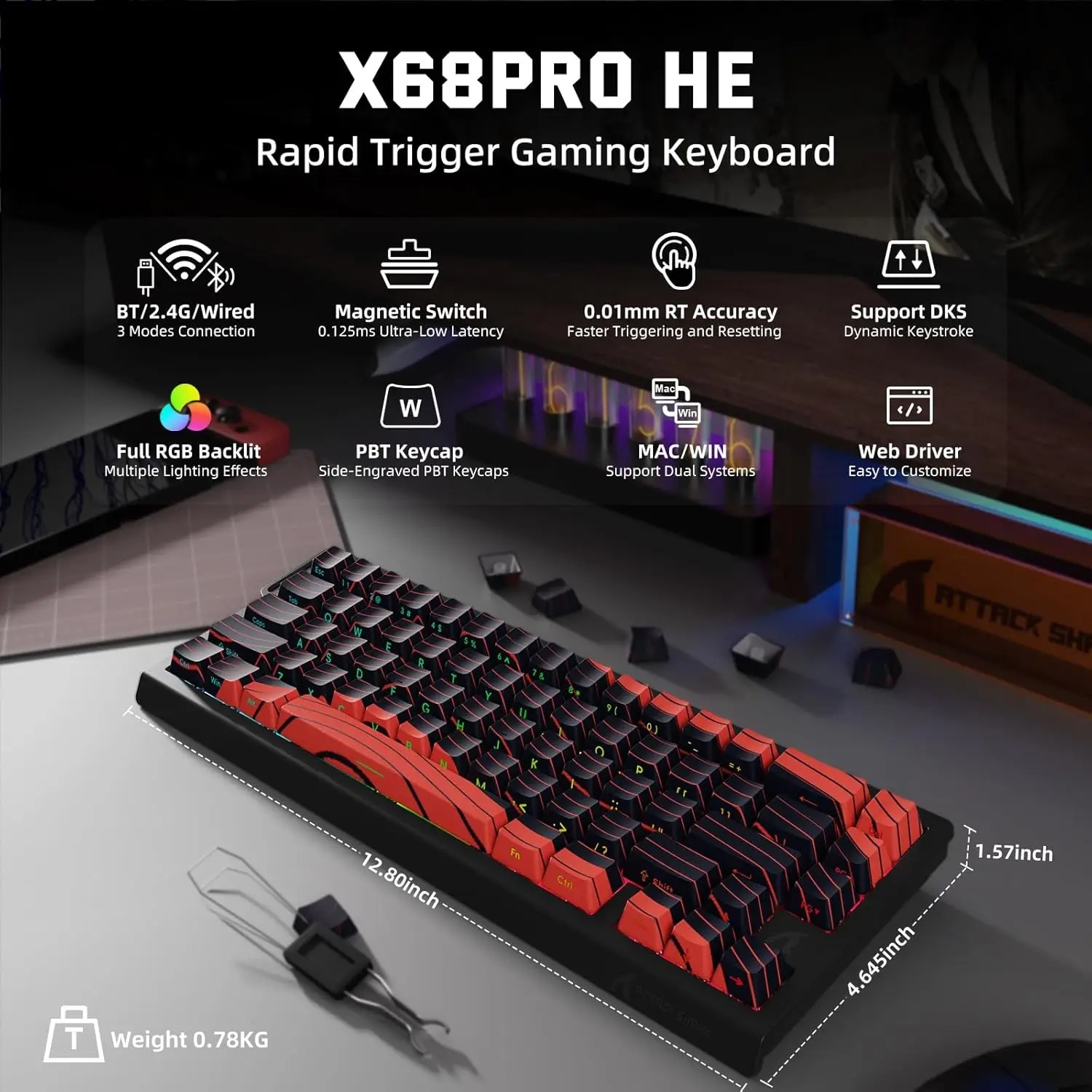 Gaming Keyboard Hot Swappable - ATTACK SHARK X68 PRO HE Bezprzewodowa